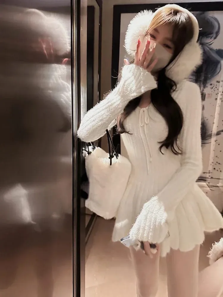 Sweet Knitted Sweater Dress Women Casual Long Sleeve Elegant French Y2k Mini Dress Even Party Spring Korean Fashion Dress Sets