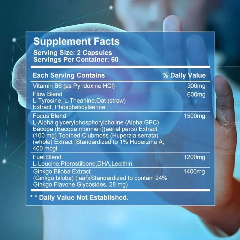 Brain Capsules with Ginkgo Biloba B6 Memory Focus Intelligence Brain Function Health