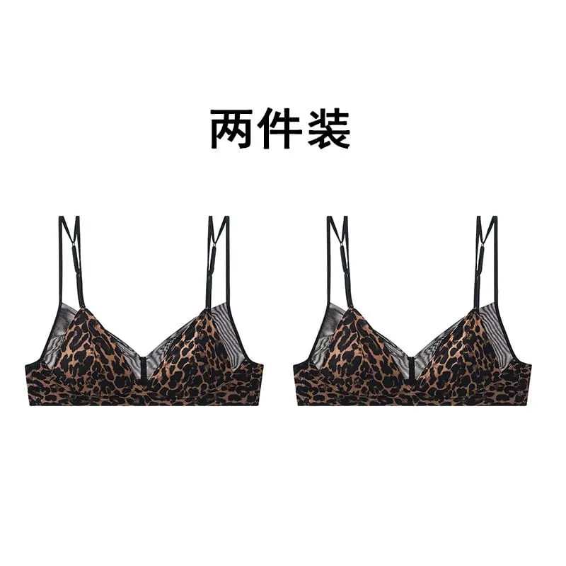 Modish Leopard Intimate Set Non-wire Thin Triangle Bra Breathable Summer Nude Fabric Small Chest Firm Gathering Womens Indoor