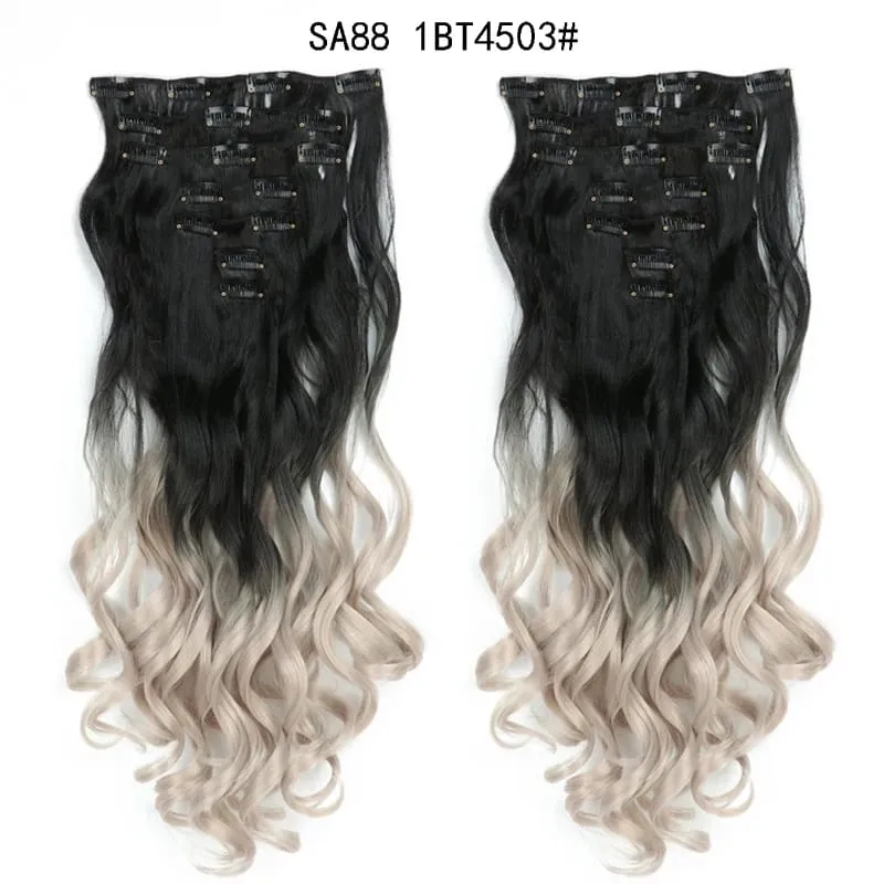 Clip in Long Wavy Synthetic Hair Extension 22 Inch Black 7PCS Thick Hairpieces Fiber Double Weft Hair for Women