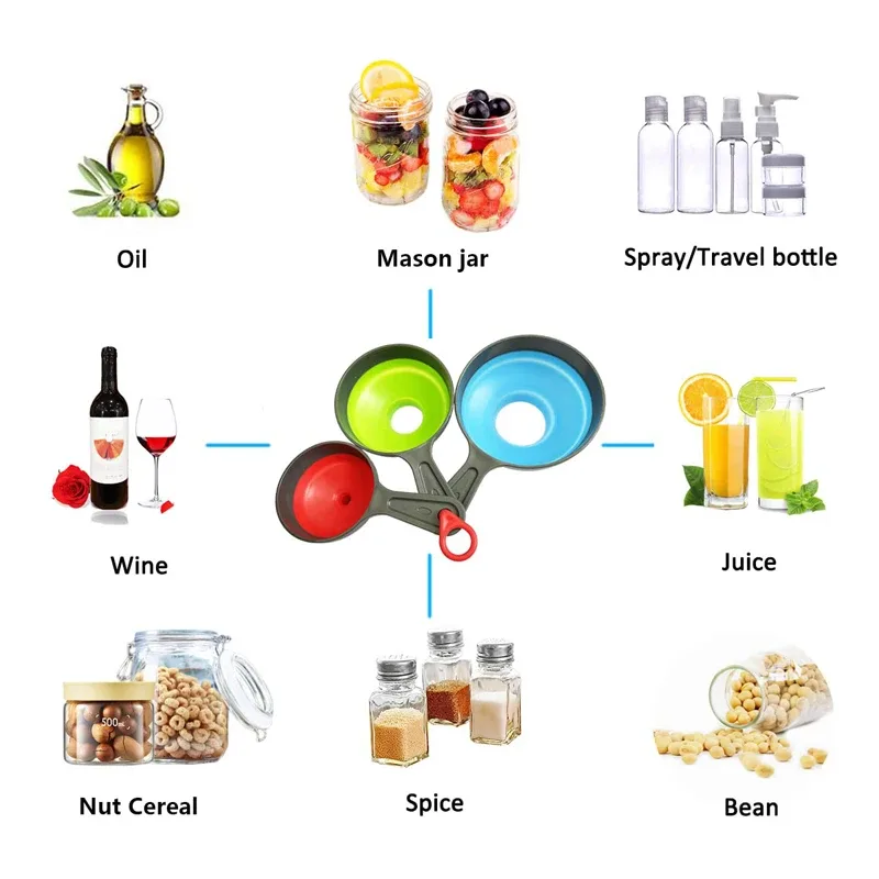 3 Buah/Set dengan 3 Ukuran Corong Dapur Lipat Silikon Teleskopik Corong Bubuk Cair Mulut Lebar Selai Corong Peralatan Dapur — image 5