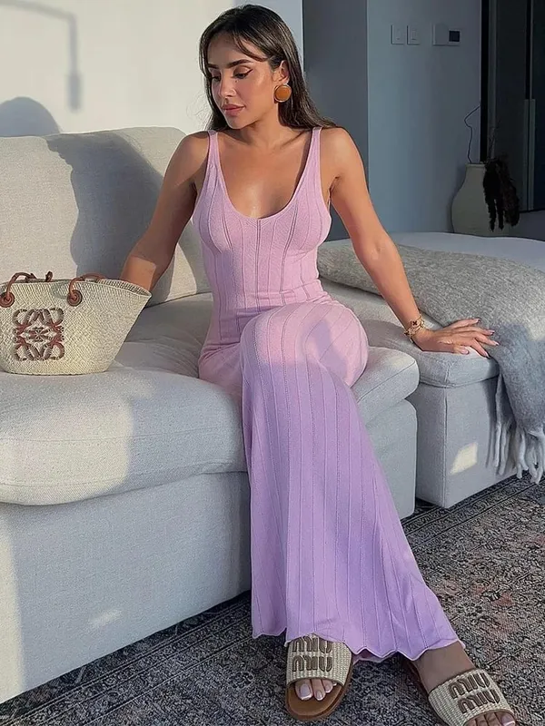 Trendix Knit Backless Dress For Women V Neck Slim Sleeveless Suspender Maxi Dress Vacation Sexy Beach Knitted Elegant Long Dress