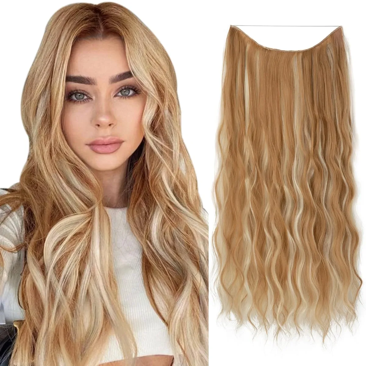Synthetic Wave Invisible Wire With Clips Hair Extensions Fish Line Natural Blonde Clip In Hairpiece Fake Hair Piece