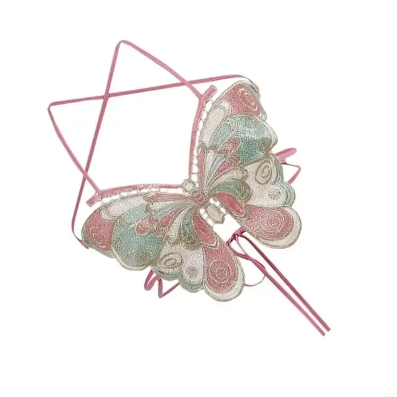 Y1AC Women Strappy Backless Beach Crop Top Butterfly Embroidery Halterneck Camisole