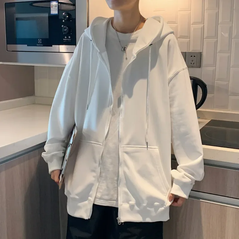 Moda masculina com capuz cardigan outono moletom com capuz cor sólida jaqueta clássica manga longa com zíper casaco casual roupas masculinas