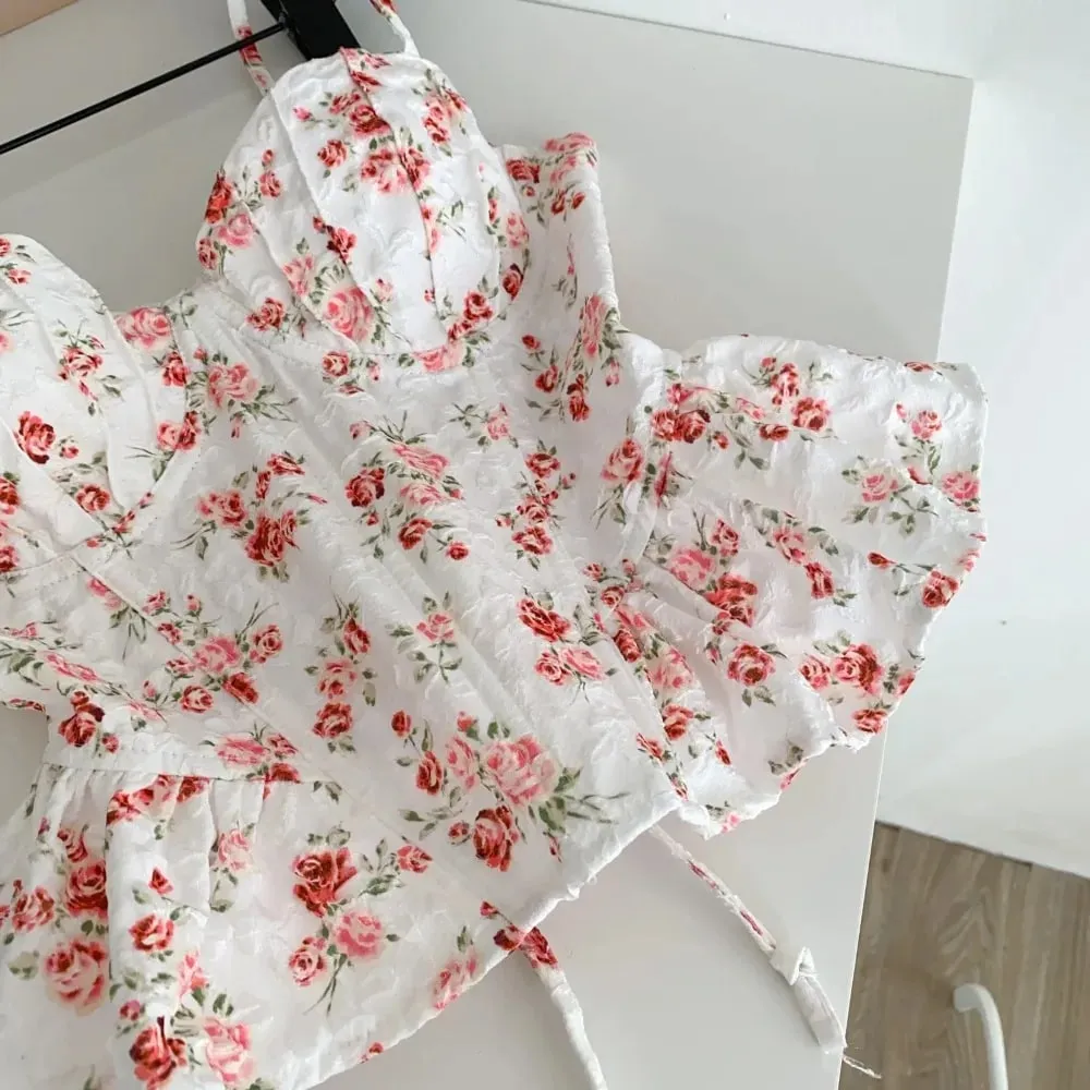 Sexy magro espartilho plissado impressão chique coreano camis regata básica moda fora do ombro roupas femininas de verão