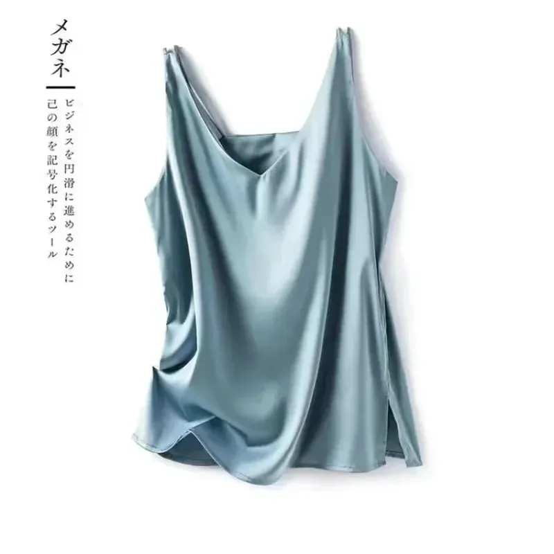 女性 Tシャツエレガントなシルクサテンブラウスノースリーブ女性の夏のカジュアルルーズタンクとキャミソール固体グリーントップス女性のための — image 4
