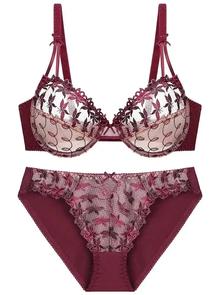 Sexy Ultra-Thin Red Lace Bra Set | Plus Size Minimizer Full Bust Underwear| Zodiac Year Women's Lingerie|Slimming Push-Up Design