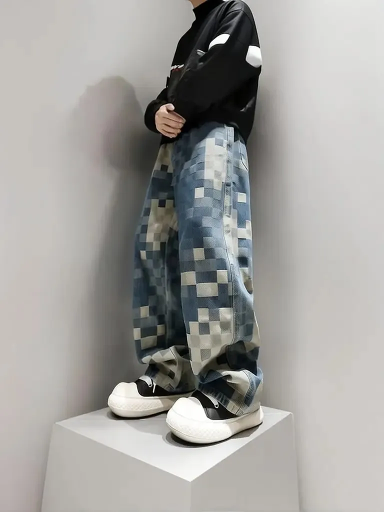 Y2k Streetwear Plaid Baggy Jeans Men Straight Wide Leg Loose Pants Fashion Hip Hop Washed Vintage Denim Pants Trousers