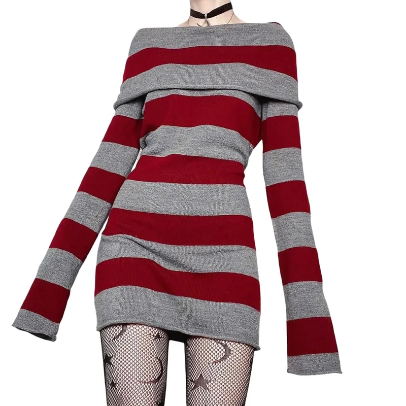 여성 미니 Bodycon 복장 스트라이프 보트 넥 긴 소매 짧은 드레스 봄 가을 감싸 인 힙합 파티 드레스
