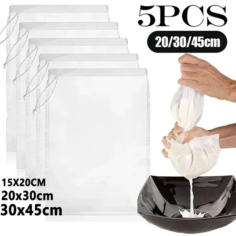 1/5Pcs Reusable Nut Milk Bags Strainers Unbleached Nylon Cheesecloth Bag Food Cheese Yogurt Filter Kitchen Fine Mesh Strainer