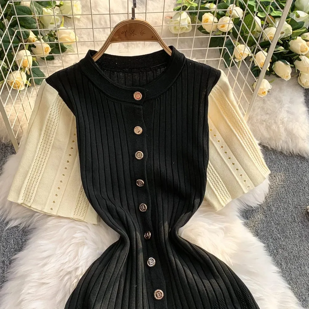 YuooMuoo ชุดสตรี 2026 ฤดูใบไม้ผลิและฤดูร้อน Elegant Patchwork One ชิ้นถักชุด Maxi Office Lady Slim เอวเสื้อกันหนาวชุด — image 2
