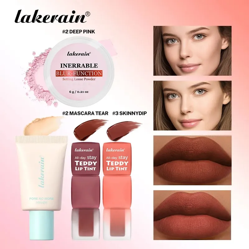 4pcs/set Pore No More Primer + Lip Tint + Loose Setting Powder Makeup Set Matte Long-Lasting Waterproof Effect Travel Portable