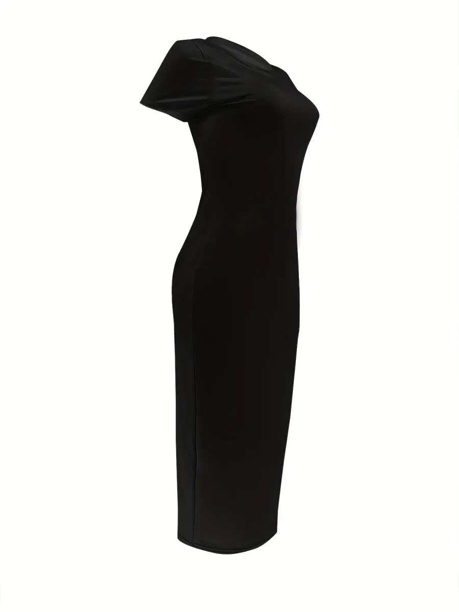 Women's summer casual fashion slim fit sexy solid color round neck short sleeved Long Dress Black Plus Size XS-5XL