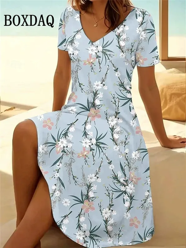 Vintage Summer Dress Women's V-Neck Flowers Printed Casual Beach Vacation Short-Sleeved Dress Loose Women Plus Size Dresses 6XL — image 2