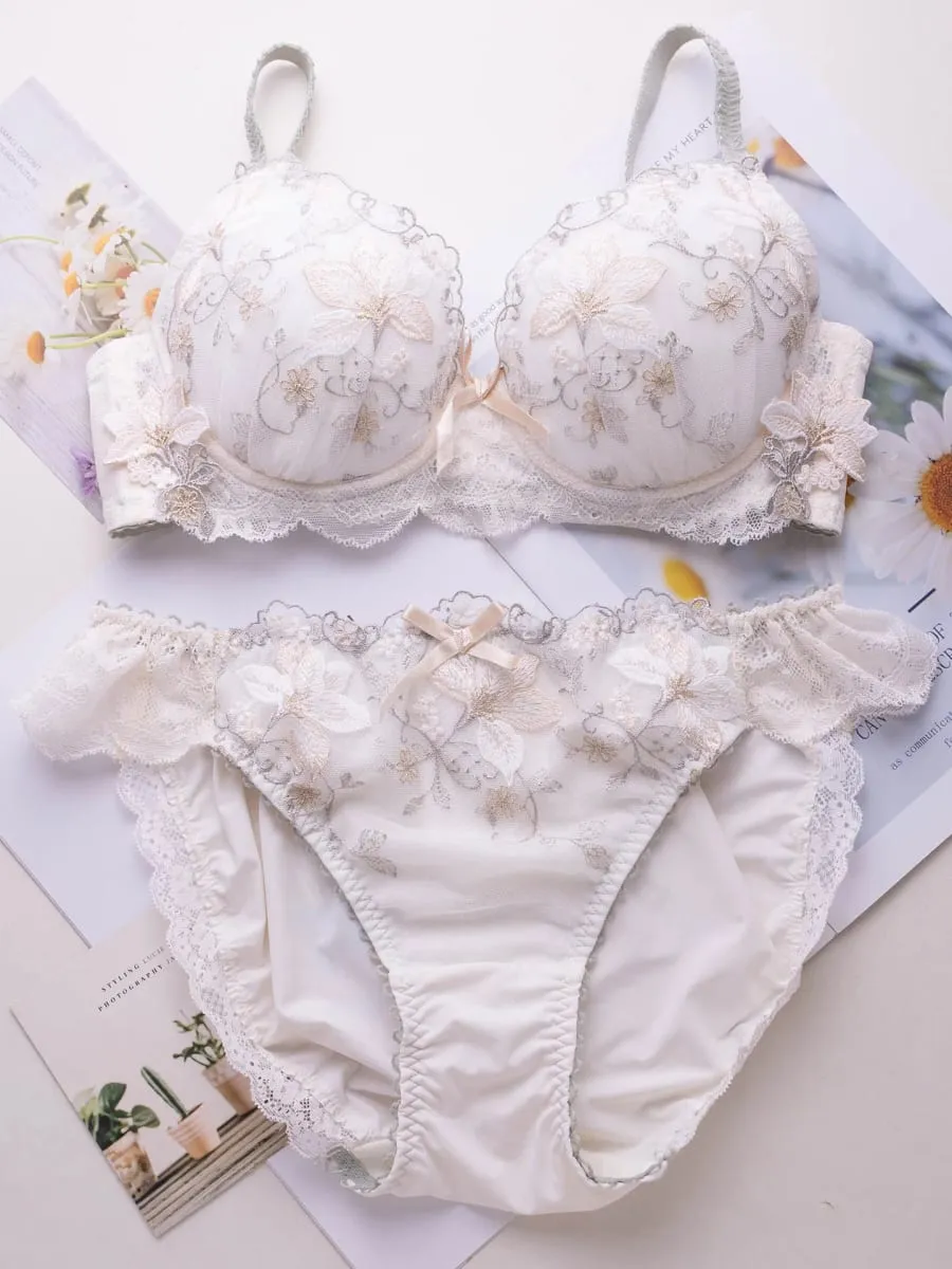 Conjunto de lingerie doce estilo japonês, conjunto de sutiã fino bordado com copo raso tipo 2