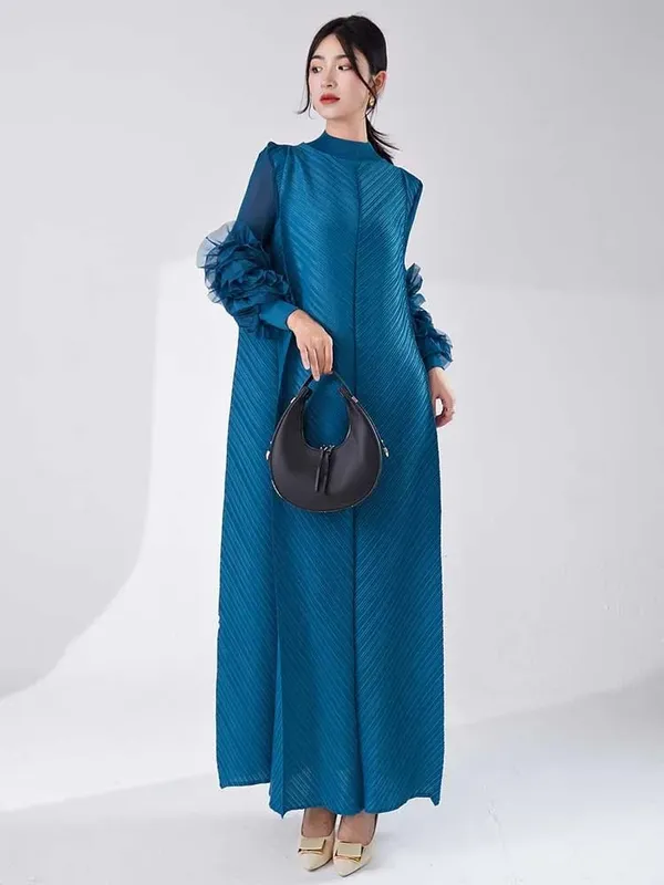 Long Pleated Dress With Ruffles Sleeves Loose Solid Color Stitching Female Party Clothing Summer New Clothes 2DA5900