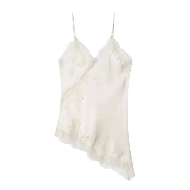 Bruin Satijn Kant Splicing Sling Jurk Vrouwen Elegante Onregelmatige Zoom V-hals Backless Mouwloze Jurk Chic Vrouwen Party Club vestidos