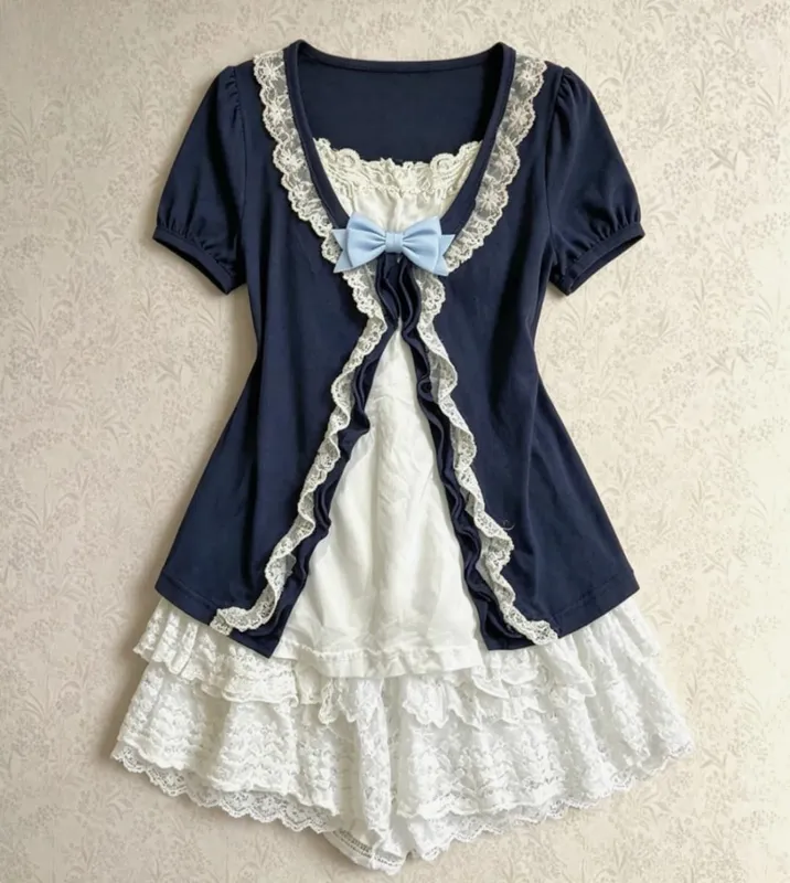 Feminino y2k vintage rendas retalhos vestido de duas peças conjunto verão elegante retro cardigan + doce moda sem mangas magro mini vestido