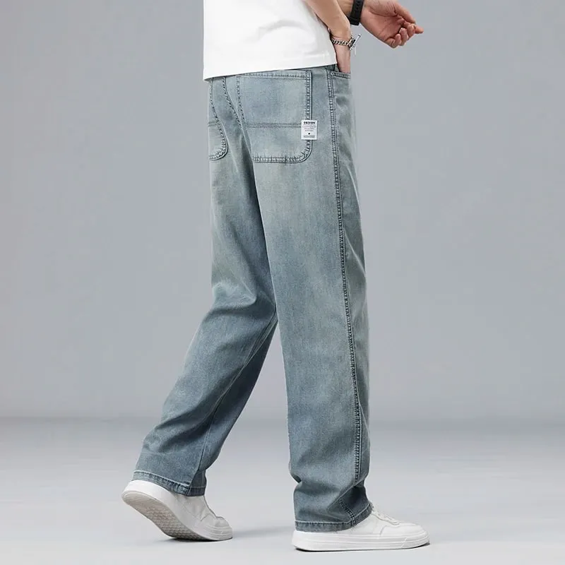 Summer Ultra-thin Lyocell Men's Jeans Drape Soft Fabric Loose Straight Casual Denim Pants Elastic Ice Silk Male Trousers