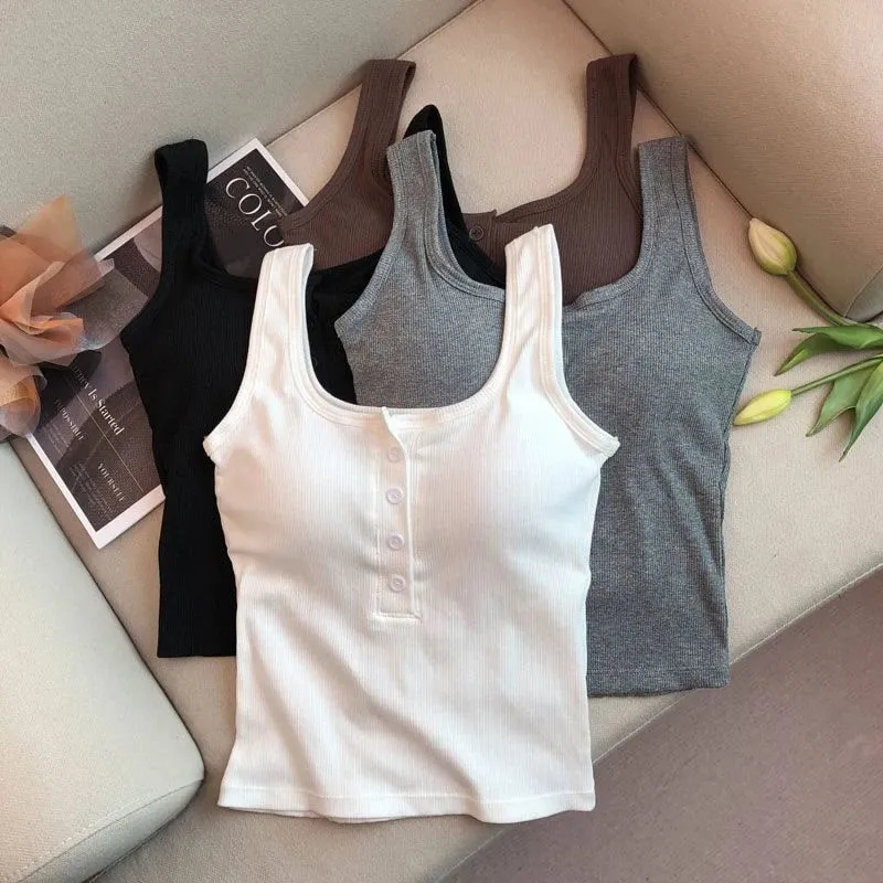 Women's Solid Color Spaghetti Straps Sleeveless Slim Camisole with Chest Pad Summer Wear Outside Female Short Tops Vests