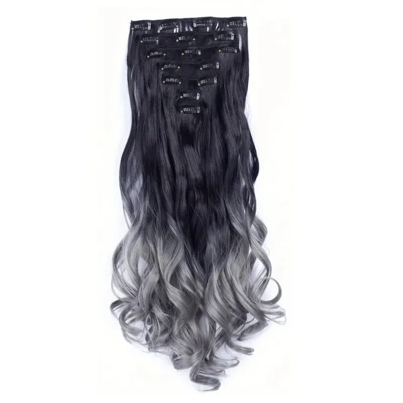 Clip in Hair Extensions Ombre Color Synthetic 7pcs Set Wavy Curly Hairpieces Black to Purple For Women Girls