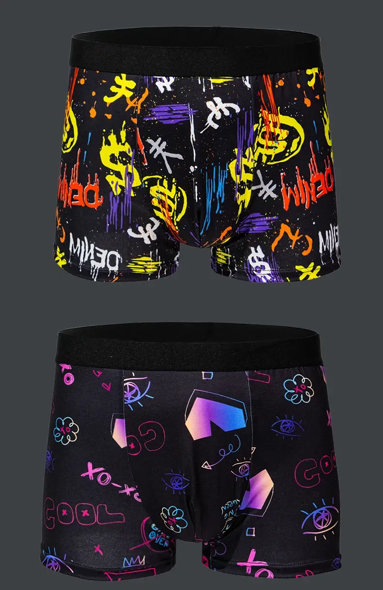 5-pcs Men's trendy graffiti, pixel, cyberpunk print boxer underwear, comfortable and casual and fashionable boxer