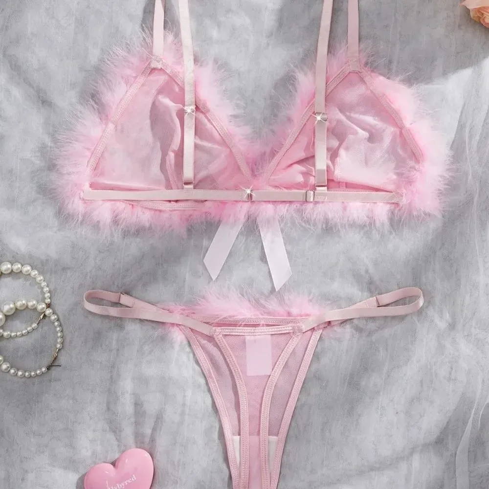 Furry Women's Underwear Wireless Mesh Transparent Lingerie Set Romantic Intimate Bow Decor Bra Panties Suit Anniversary