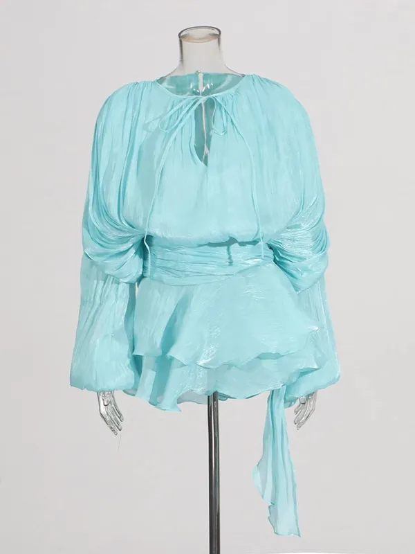 Elegant Ruched Mini Dress For Women Round Neck Lantern Long Sleeve High Waist Temperament Dresses Female Fashion