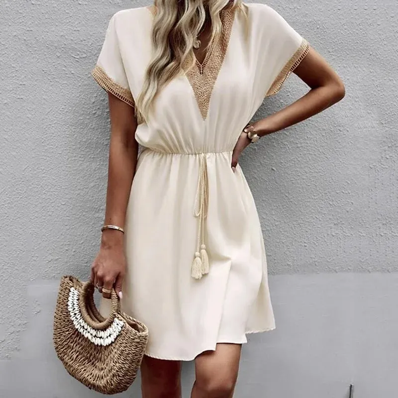 Summer Solid Short Sleeve Lace V Neck Waistband Female Beach Midi Short Dress Elegant Women's Sweet White Solid Color Dresses