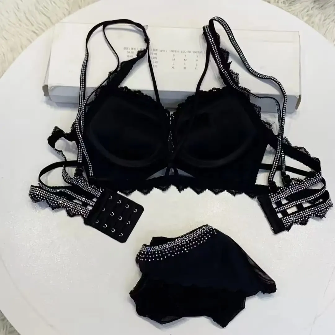 (Bralette For Small Breasts) New Rhinestone Leopard Print Thickened Lingerie Small Breasts Gathering Hollow Out Women's Bra Set — image 4
