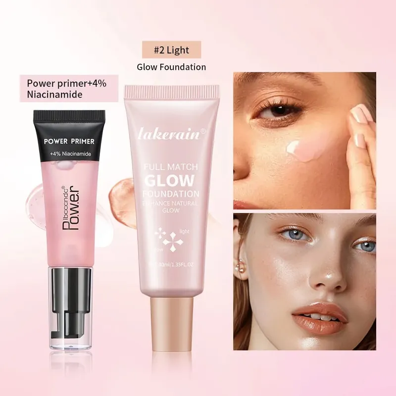 Powder Grip Primer Gel & Glow Foundation Makeup Kit Hydrating Smoothing Skin Lightweight Brighthen Shiny Fase Cosmetics Combo