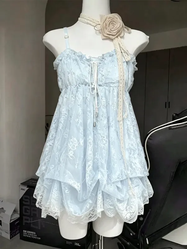 2026 Vrouw Japanse Zoete Kant Bloem Y2k Esthetische Bandage Grunge Jurken Harajuku Mouwloze Patchwork Vintage Jurk Chic