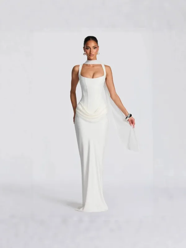 Cross-border primavera 2026 feminino fino ajuste fishbone cinta vestido longo cor pura bodycon vestido estilo sexy vestido sem ombros — image 8
