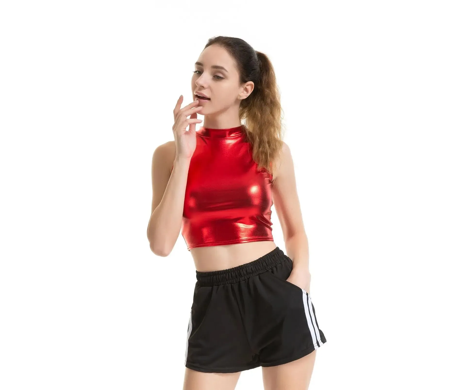 Womens Shiny Metallic Patent Leather Sleeveless Mock Neck Crop Tank Tops Camisole Night Club Party Rave Dance Costume Clubwear