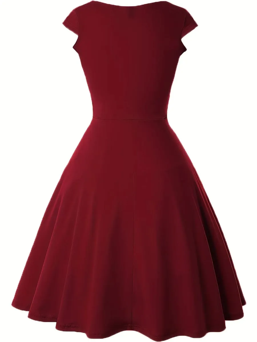 Damen-Kleid, elegant, Rundhalsausschnitt, Sommer, kurzärmelig, einfarbig, A-Linie, knielang, Kleid mit hoher Taille, für Party, Hochzeit, lässiger Abgang
