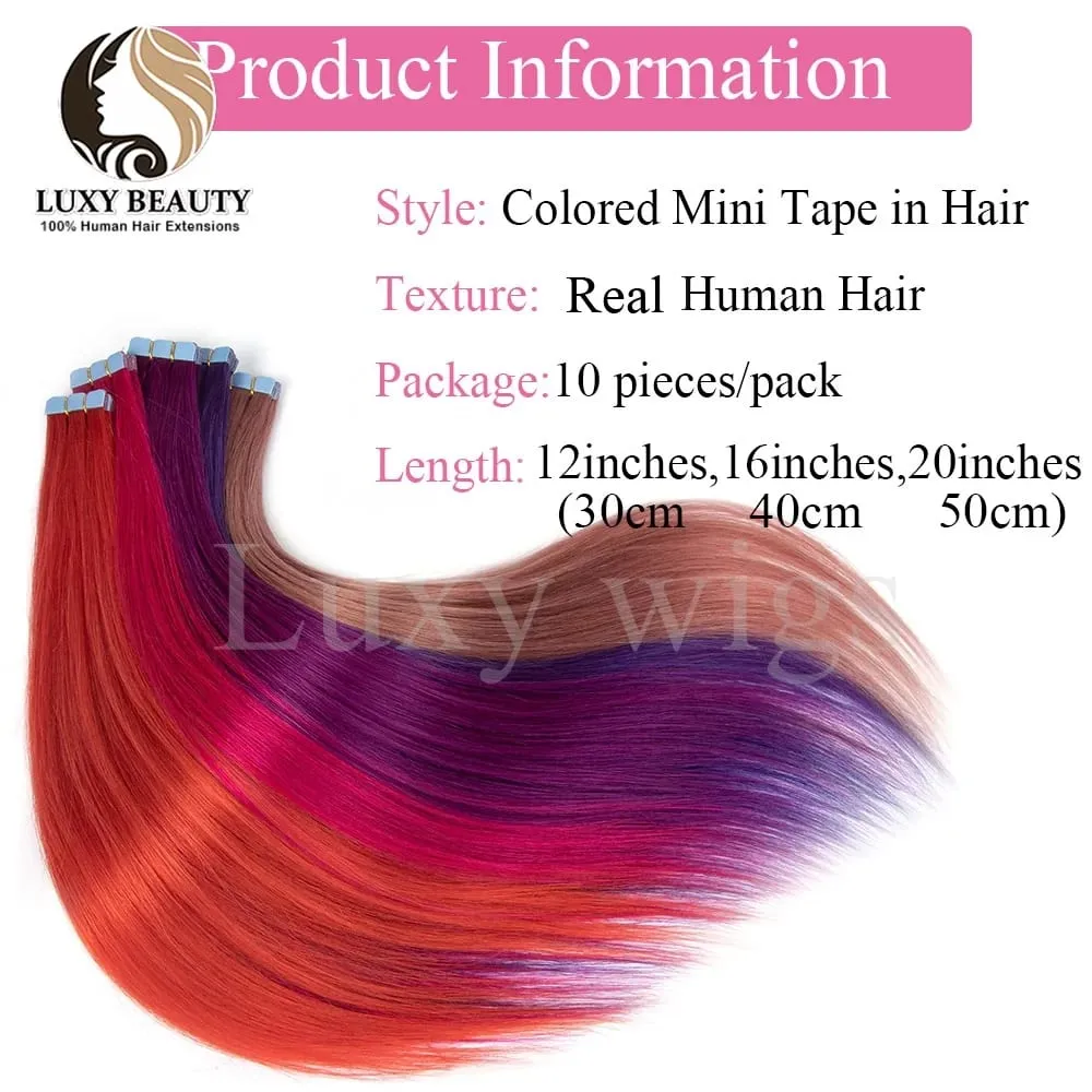 Colored Purple Mini Tape in Human Hair Extensions Invisible Seamless Tape in Hair 10pcs Pink Red Green Blue Mini Tape In Hair