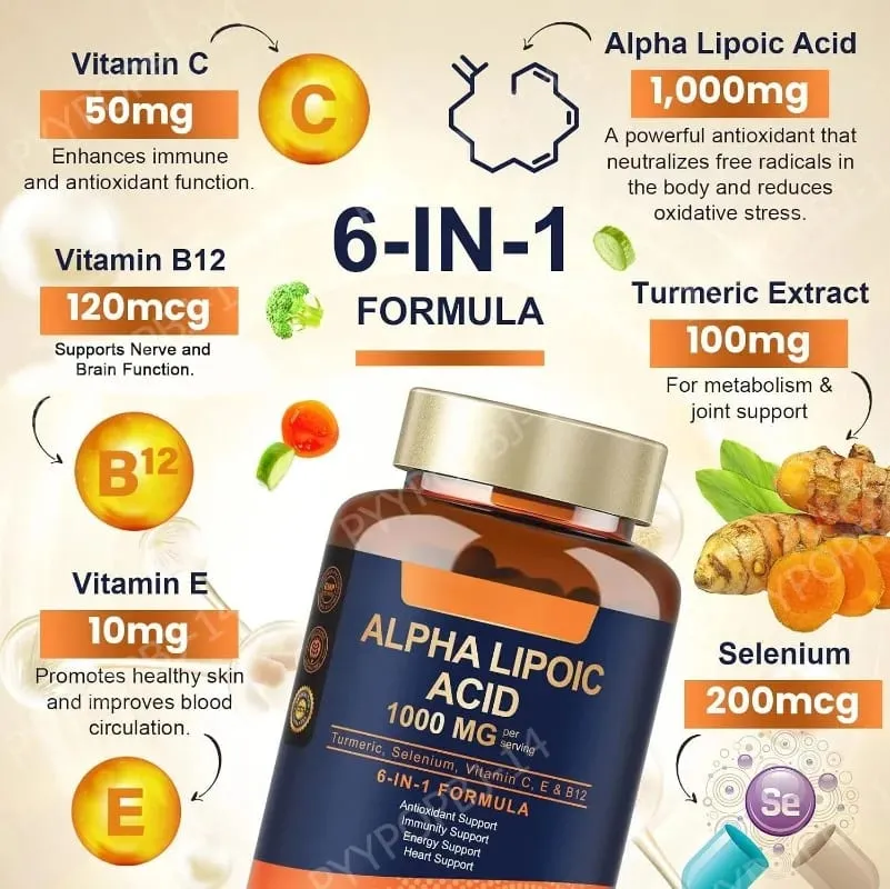 Alpha Lipoic Acid 6-in-1 Formula 1000mg Turmeric Selenium Vitamins C E B12 120 Veggie Capsules for Daily Wellness Support