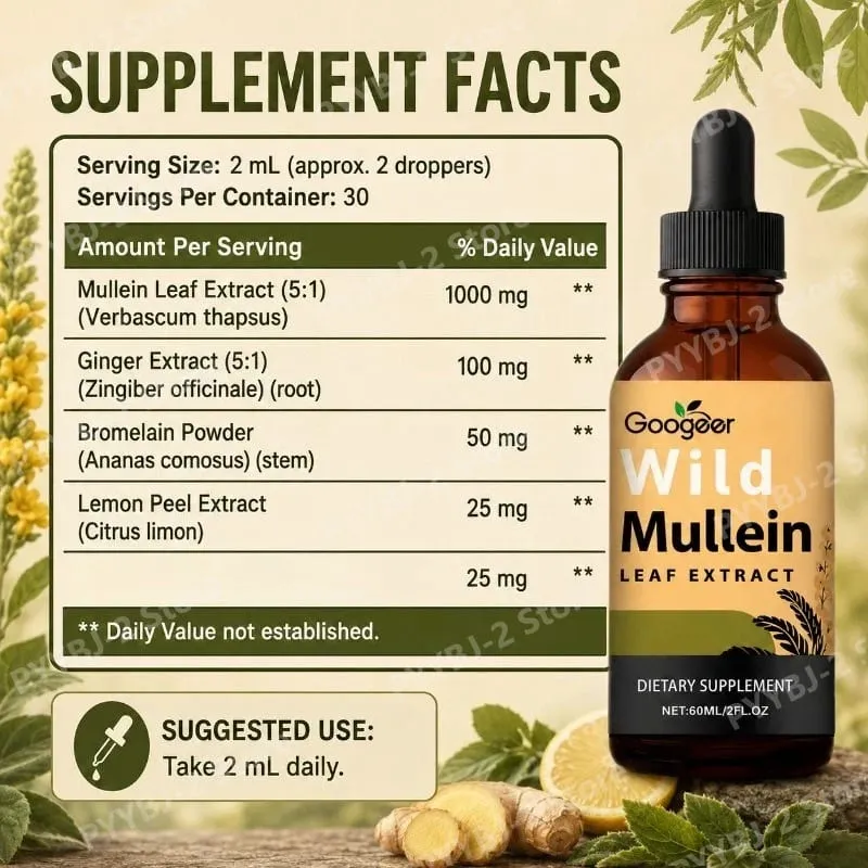Mullein Liquid Drops 60ml with Wild Mullein Leaf Extract and Ginger Support Lung Health & Clean Impurities Plant Supplement