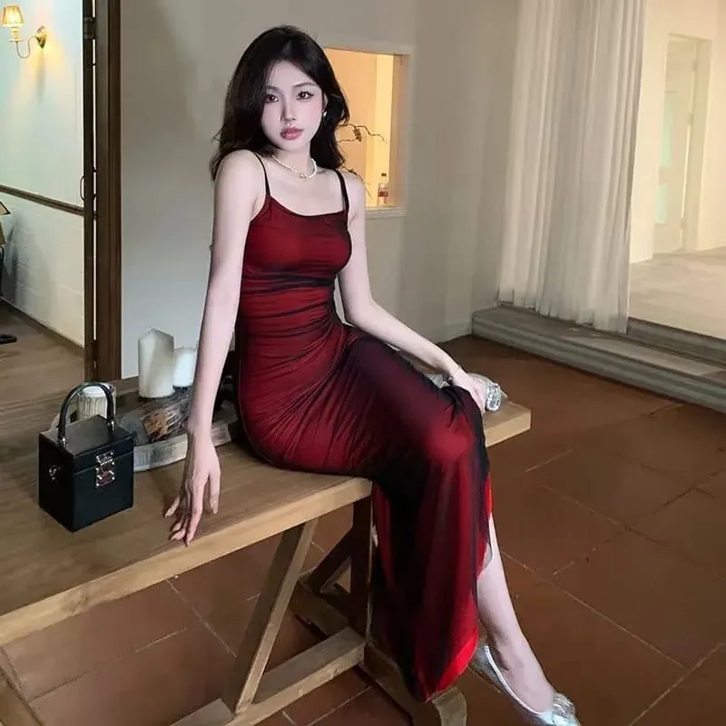 Abito lungo con corsetto aderente senza maniche da donna francese, cinturino per spaghetti rosso vino, elegante abito da sera lungo vintage