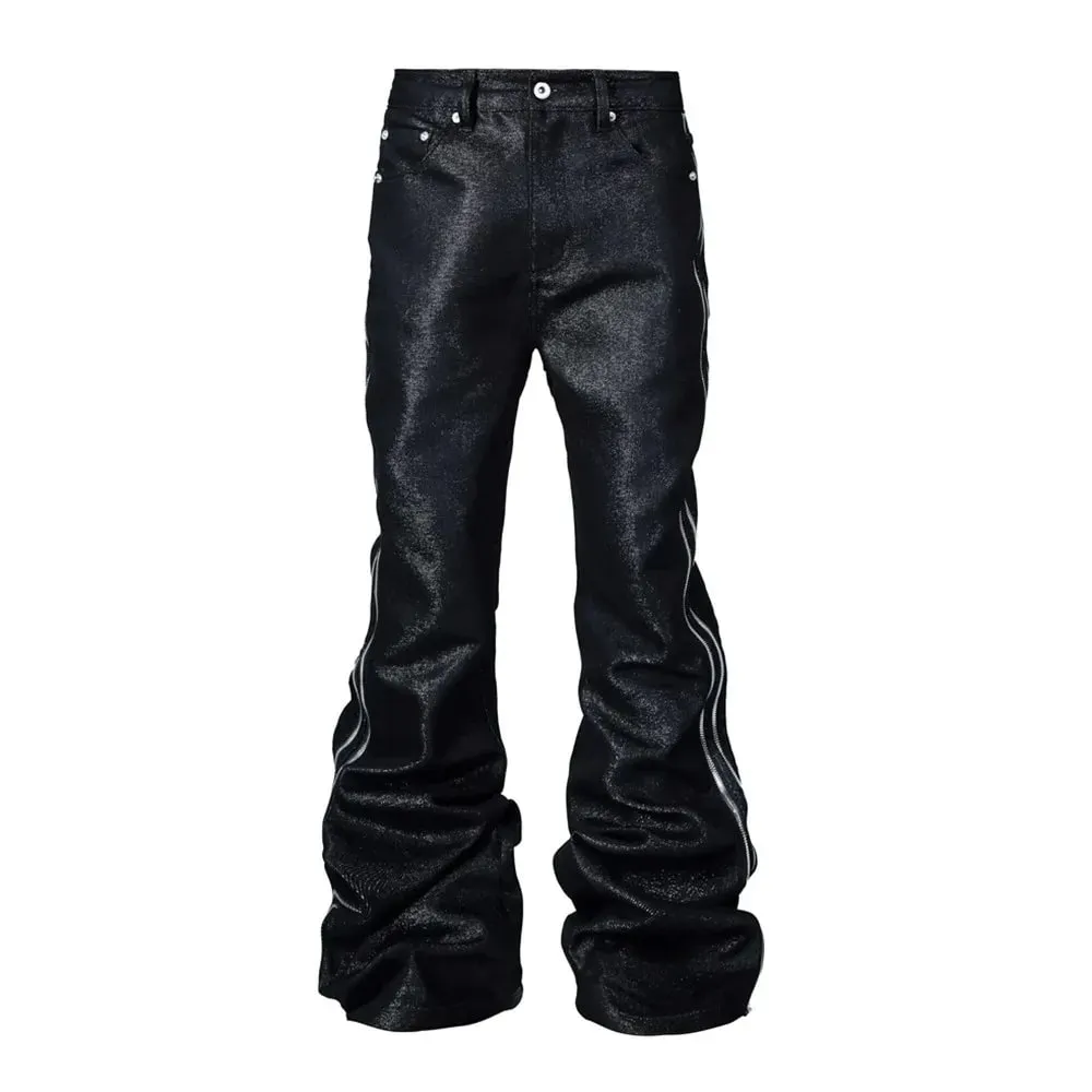 High Quality Silver Thread Woven Metal Texture Bootcut Jeans Man Side Double Zippers Gothic Punk Stacked Jeans