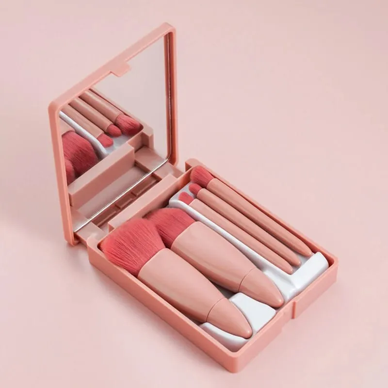 【B】5Pcs Makeup Brushes Set Mini Makeup Brushes Small Complete Function Cosmetic Brushes Kit With Case And Mirror