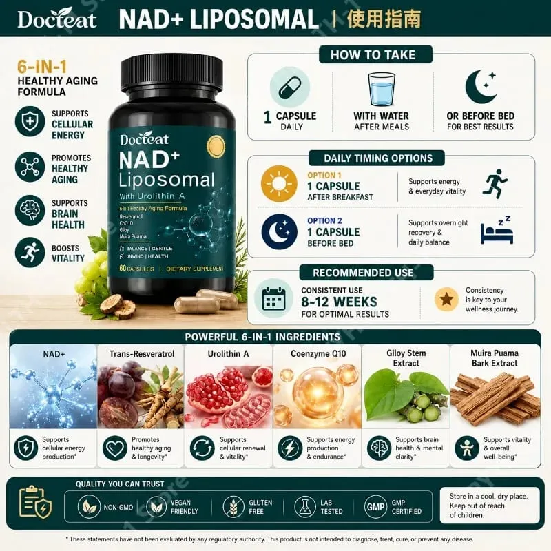 Docteat Liposomal NAD+ Capsules Energy & Healthy Aging Support with Urolithin A Trans Resveratrol CoQ10 Men Women 60 Capsules