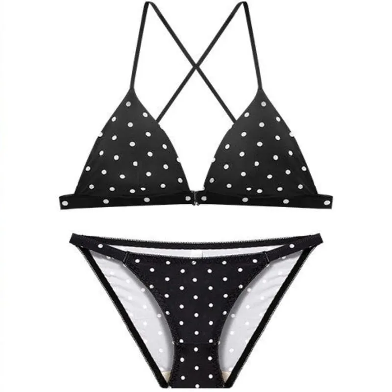 Female Vintage Polka Dot Triangle Cup Underwear Set Front Closure Bikini Style Comfort Push Up Close-fitting Underwear Set