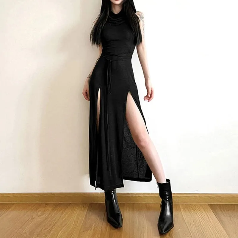 Goth Dark Cyber ​​Gothic Desert Walker Abiti con cappuccio Y2k Punk Grunge Abito longuette scolpito da donna Sexy streetwear solido con spacco laterale