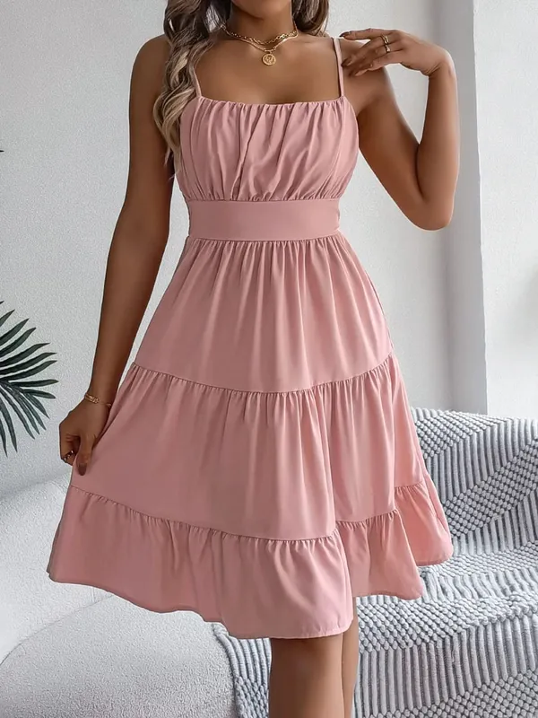 Casual Vacation Ruffled Camisole Dress Spring Summer Women's Solid Dresses For 2026 Valentine's Day Woman Clothing Pink Blue