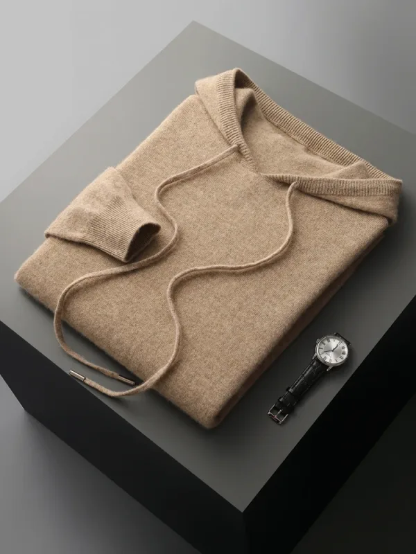 Men's 100% Merino Wool Sweater Hooded Collar Knitted Pullover Sweatshirt Autumn Winter Casual Large Tops Long Sleeved
