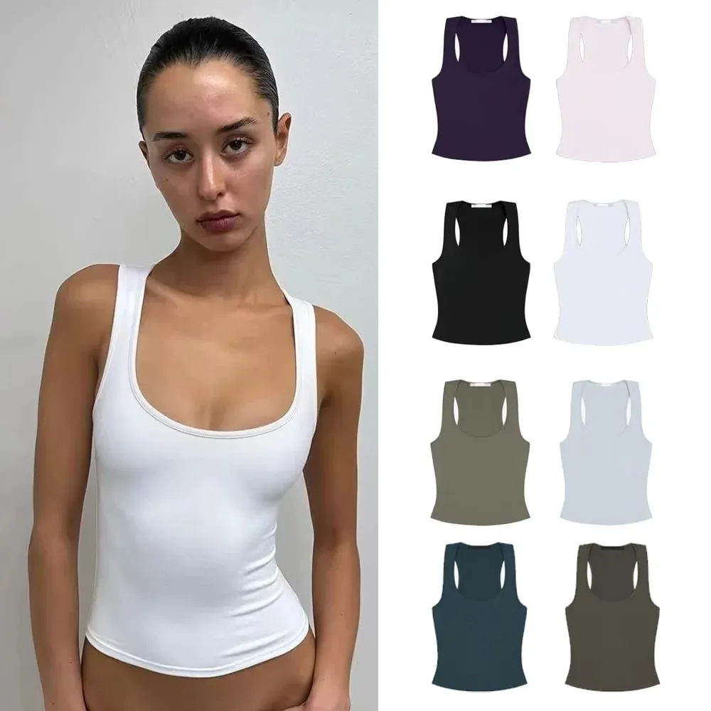 Tank Top with Wide Shoulder Straps for All Seasons Racerback Sports Vest Everyday Sports Innerwear High-Elastic Solid Color Slim-Fit Top Multi-Color Basic Casual Tank Top
