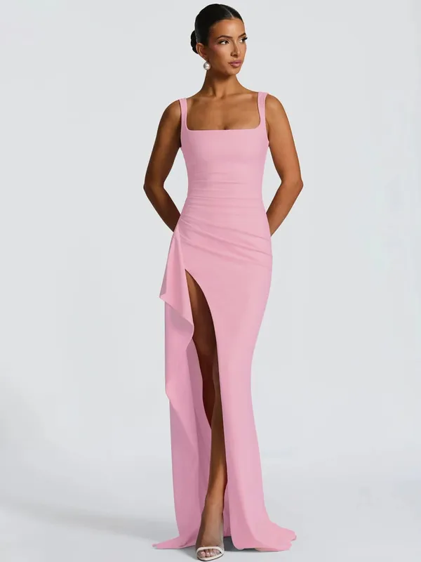 Hugcitar Women Elegant Solid Straps Slit Ruched Patchwork Sexy Bodycon Maxi Dress Summer Outfits Evening Party Birthday Festival