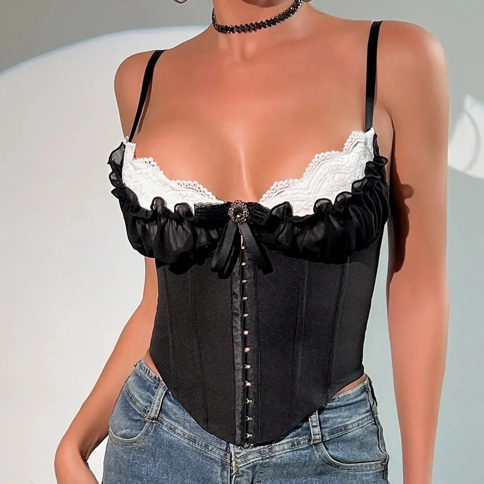 Sexy scollo a V Y2K Crop Top in pizzo patchwork pieghettato Bowknot corsetto Top sexy backless sottile canotta forma del corpo a lisca di pesce Bustier